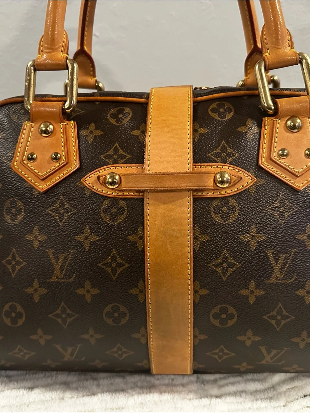 Louis Vuitton Brown Monogram Satchel with Tan Trim